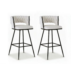 Artiss set of 2 woven velvet bar stools ivory black styled alongside a contemporary kitchen island counter.