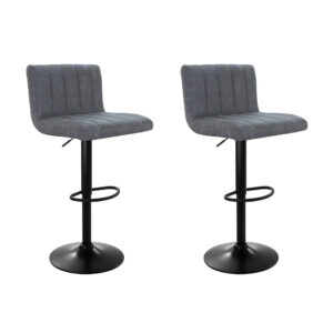 Pair of Artiss vintage leather gas lift bar stools grey with black bases.