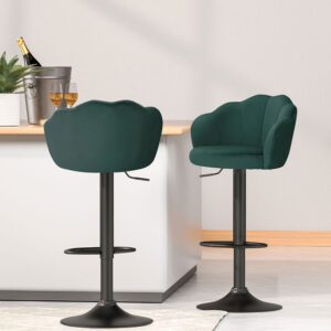 Artiss 4x bar stools gas lift velvet green kitchen chairs with clam shell backs arranged neatly along a modern island bench.
