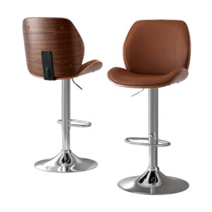 Artiss bar stools set of 2 bentwood adjustable kitchen counter chairs in brown leather styled against a modern white kitchen island.