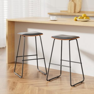 Pair of Artiss Metal Kitchen Counter Bar Stools with black seats and wood bases