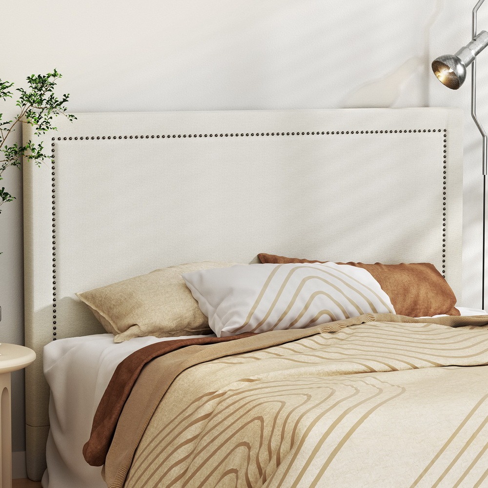 Artiss Rive Queen Fabric Bed Headboard Beige – Auz Sales Online Artiss Rive Queen Fabric Bed Headboard Beige With Nail Edge Detailing