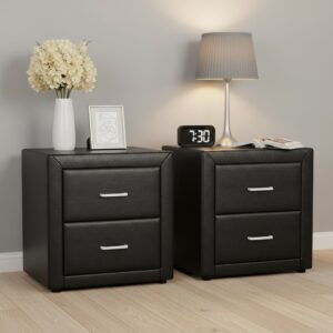 Pair of Artiss Caden black leather bedside table sets styled symmetrically next to a modern bed