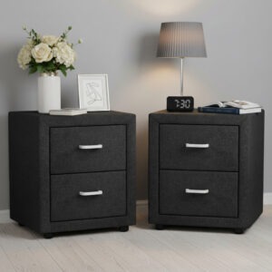 Pair of Artiss Caden charcoal fabric bedside table units placed symmetrically next to a contemporary bed