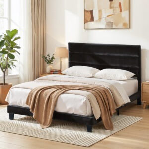 Artiss Double Bed Frame black velvet geometric platform base styled with premium sheets in a contemporary bedroom.