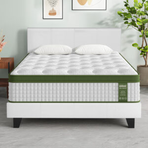 Artiss Double Bed Frame and BedStory Hybrid Mattress Bundle in white PVC leather
