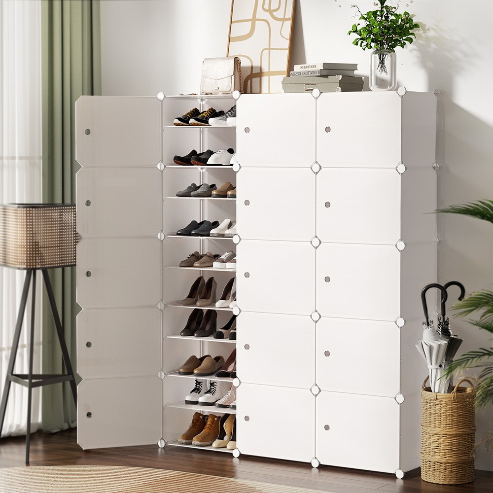 Artiss 15-Piece Stackable Shoe Rack Diy Storage Cube Set – Auz Sales Online Artiss 15-Piece Stackable Shoe Rack Set Configured As A Tall White Cabinet In An Entryway.