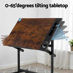 Sturdy Steel Frame Base Of The Artiss Drafting Desk Highlighting The Lockable Rolling Wheels.