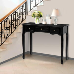Artiss Black Hamptons Console Table with 3 drawers styled in a bright Australian entryway hallway