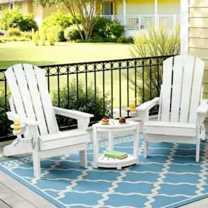 Gardeon Outdoor Table and Chairs white HDPE 3 piece Adirondack set setup by a swimming pool