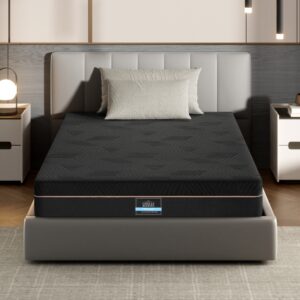 Giselle Bedding 18cm memory foam green tea mattress king single size displayed on a sleek black bed frame.