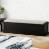 Artiss 140Cm Fluted Storage Ottoman Blanket Box In Black At The Foot Of A Styled Bed.