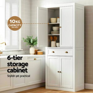 Open Doors Of A Tall White Buffet Sideboard Showcasing Organized Dinnerware And Plates