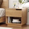 Artiss 1 drawer bedside table nightstand pine styled next to a modern bed with neutral linen.