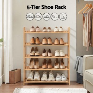 Artiss 5 Tier Bamboo Shoe Rack Storage Organiser Pine - Image 3