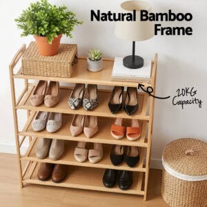 Close-Up Detail Of The Smooth Curved Carrying Handles On The Artiss 5 Tier Bamboo Shoe Rack.