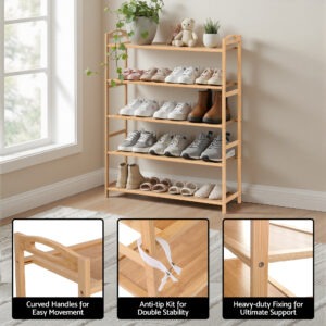 Artiss 5 Tier Bamboo Shoe Rack Storage Organiser Pine - Image 7