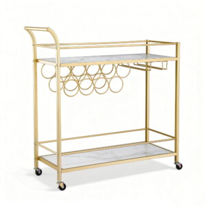 Artiss Gold Bar Cart with marble shelves and wine bottles