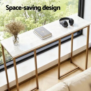 Artiss White &Amp; Gold Marble Effect Console Table – Auz Sales Online Macro View Of The White Marble Pattern On The Melamine Veneer Console Tabletop