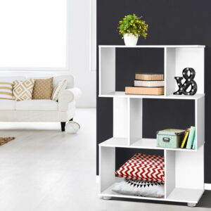 Artiss Bookshelf 3 Tiers NINA White styled with books and small plants against a neutral wall