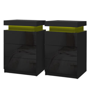 Artiss Coley black LED bedside tables 3 drawer set in a modern bedroom