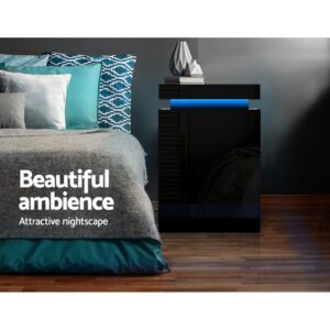 Artiss Coley Black Led Bedside Tables 3 Drawer Set - Image 6