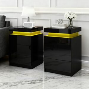 Artiss Coley Black Led Bedside Tables 3 Drawer Set - Image 7
