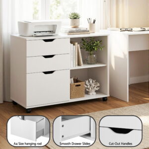 Underside View Of The 5 Wheel Anti Topple System On The Artiss 3 Drawer Mobile Filing Cabinet