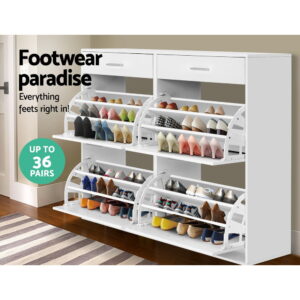 Open Pull Down Drawers Of Artiss White Shoe Rack Cabinet Showing Adjustable Internal Shelves.