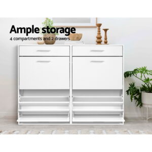 Artiss White Shoe Rack Cabinet Styled With A Mirror, Plants, And Keys On Top In A Home Entrance.