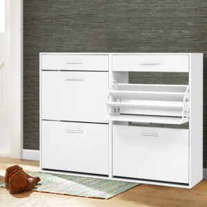 Artiss white shoe rack cabinet adjustable shelves against a modern hallway wall.