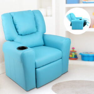 Close-Up View Of The Built-In Cup Holder On Wide Blue Armrest Of Keezi Kids Recliner Chair