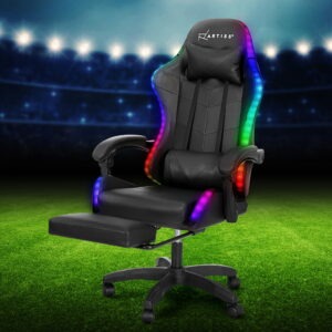 Artiss 6-point massage LED gaming chair in black with vibrant RGB lights illuminated