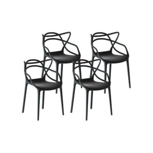 Gardeon stackable outdoor dining chairs set of four arranged around a patio dining table.