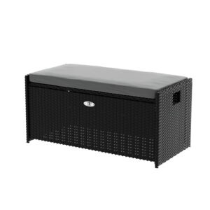 Gardeon outdoor storage bench in black wicker on a modern patio