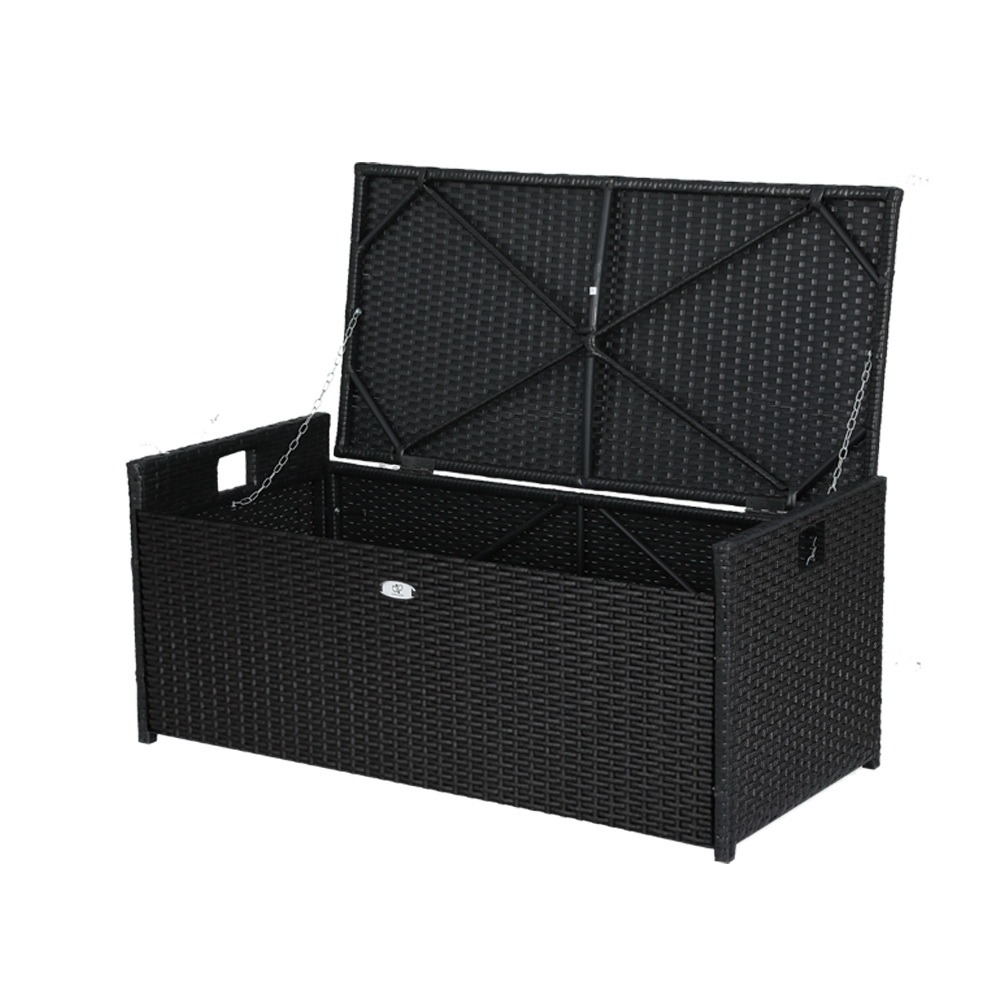 Gardeon Outdoor Storage Bench Wicker Box Black – Auz Sales Online Open Gardeon Outdoor Storage Bench Showing Water-Resistant Lining And Cushions Inside