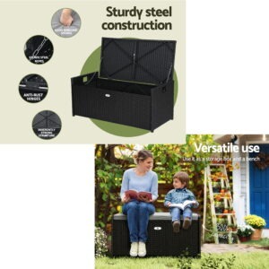 Gardeon Outdoor Storage Bench Wicker Box Black – Auz Sales Online Two People Sitting On A Gardeon Outdoor Storage Bench During A Backyard Gathering
