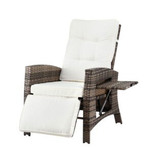 Gardeon brown outdoor wicker recliner chair fully extended into a sun lounge position on a timber deck