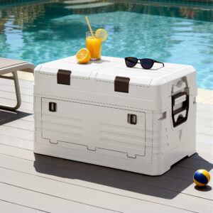 Gardeon 40L Outdoor Storage Box beige foldable camping bin at campsite