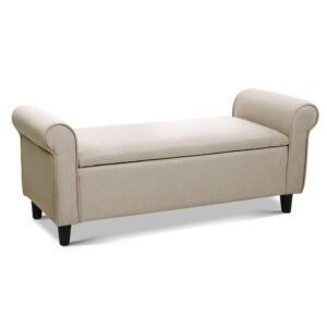 Artiss Storage Ottoman Blanket Box Linen Taupe 125cm styled at the foot of a bed.