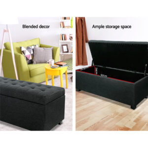 Open Artiss 97Cm Linen Storage Ottoman Blanket Box Charcoal Showing Internal Storage Space