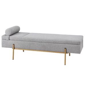 Artiss grey boucle storage ottoman with gold legs positioned at the foot of a queen bed