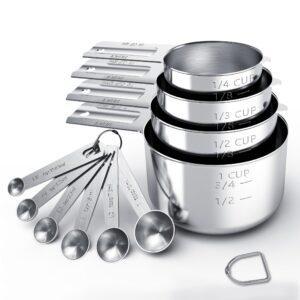 10-Piece Stainless Steel Measuring Cup and Spoon Set with Engraved Dual-Scale Markings, Nesting Design, Hanging Ring, and Compact Storage—Ideal for Baking, Cooking, and Portion Control in Home Kitchens (Silver)