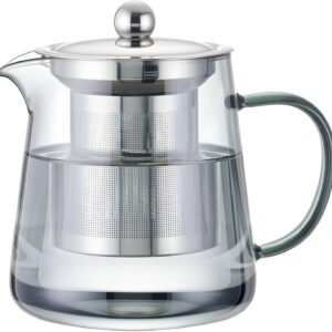 Glass Teapot with Removable Stainless Steel Infuser, Heat-Resistant Body, Secure Lid, and Ergonomic Handle—Ideal for Loose Leaf, Flower, Herbal, and Bagged Teas—Compact Design for Home, Office, or Travel Use (Silver)