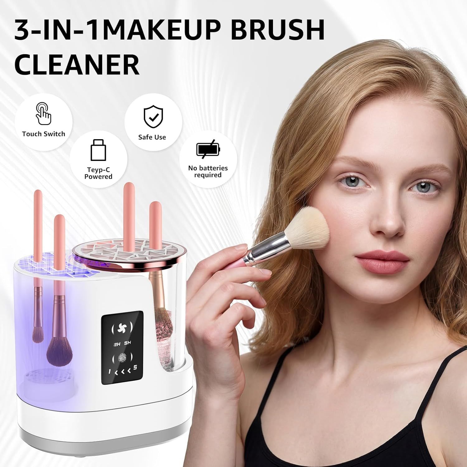 3-In-1 Electric Makeup Brush Cleaner &Amp; Dryer – Touchscreen Control, Uv Sanitizing, 5-Min Auto Clean, 2H/5H Drying Modes, Fits All Brush Sizes, Rose-Gold Trim, Usb-C Powered, No Batteries Needed (White) – Auz Sales Online 3-In-1 Electric Makeup Brush Cleaner &Amp; Dryer – Touchscreen Control, Uv Sanitizing, 5-Min Auto Clean, 2H/5H Drying Modes, Fits All Brush Sizes, Rose-Gold Trim, Usb-C Powered, No Batteries Needed (White) - Image 2