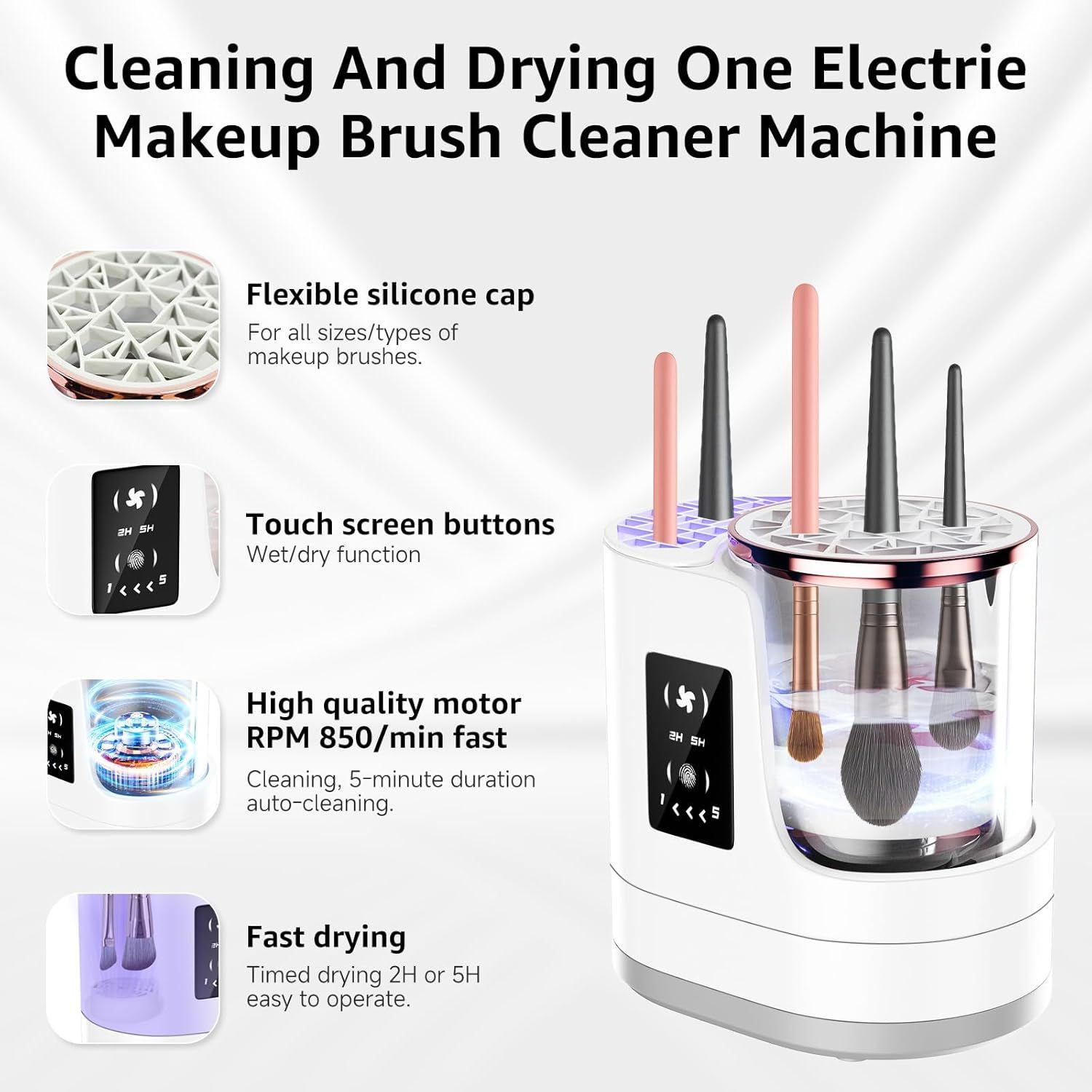 3-In-1 Electric Makeup Brush Cleaner &Amp; Dryer – Touchscreen Control, Uv Sanitizing, 5-Min Auto Clean, 2H/5H Drying Modes, Fits All Brush Sizes, Rose-Gold Trim, Usb-C Powered, No Batteries Needed (White) – Auz Sales Online 3-In-1 Electric Makeup Brush Cleaner &Amp; Dryer – Touchscreen Control, Uv Sanitizing, 5-Min Auto Clean, 2H/5H Drying Modes, Fits All Brush Sizes, Rose-Gold Trim, Usb-C Powered, No Batteries Needed (White) - Image 3
