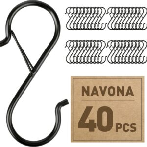 40-Pack S-Shaped Hooks with Safety Buckle, Black Finish, for Hanging Bags, Kitchen Tools, Plants & Decor—Fits Rods up to 0.5 Inch Diameter—Easy Open/Close Design, Multi-Use Home Organization Tool (Black)