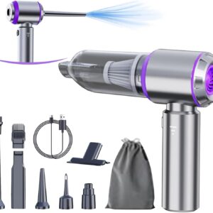 Cordless Handheld Vacuum & Air Duster with Dual Suction/Blow Modes, Transparent Dust Cup, USB-C Charging, and 7 Interchangeable Nozzles for Car, Keyboard, and Home Cleaning (Grey)