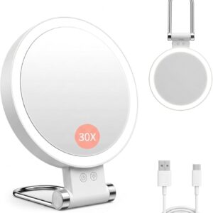 Dual-Sided LED Makeup Mirror with 1X & 30X Magnification, 3 Color Temperature Lights, Touch Controls, Rechargeable Battery, Foldable Stand, Portable Design for Desk, Travel, and Hanging Use (White)