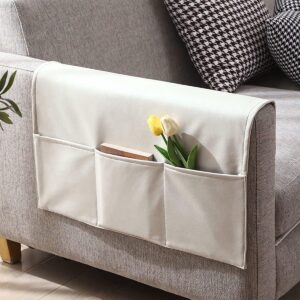 Sofa Armrest Storage - 5 Compartments - Reinforced Tech Fabric - Remote Control Holder - White (60*110CM)